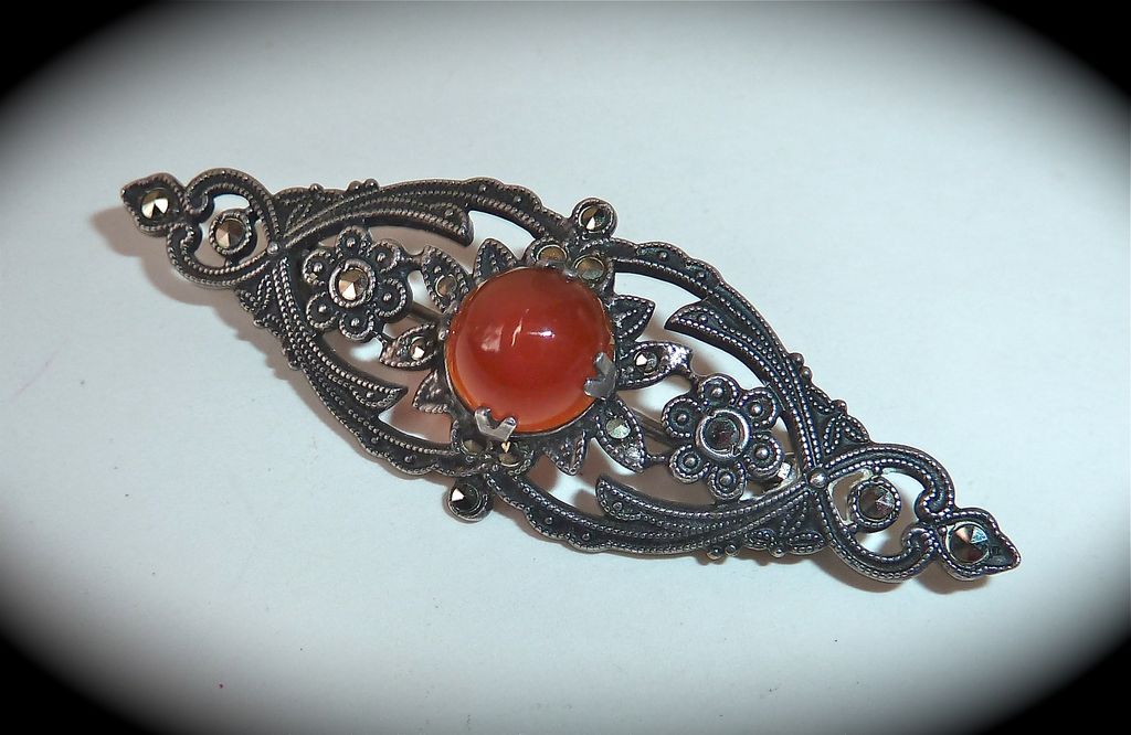 Art Deco Sterling Marcasite Carnelian Pin c1930s Art Deco Sterling Marcasite Carnelian Pin c1930s