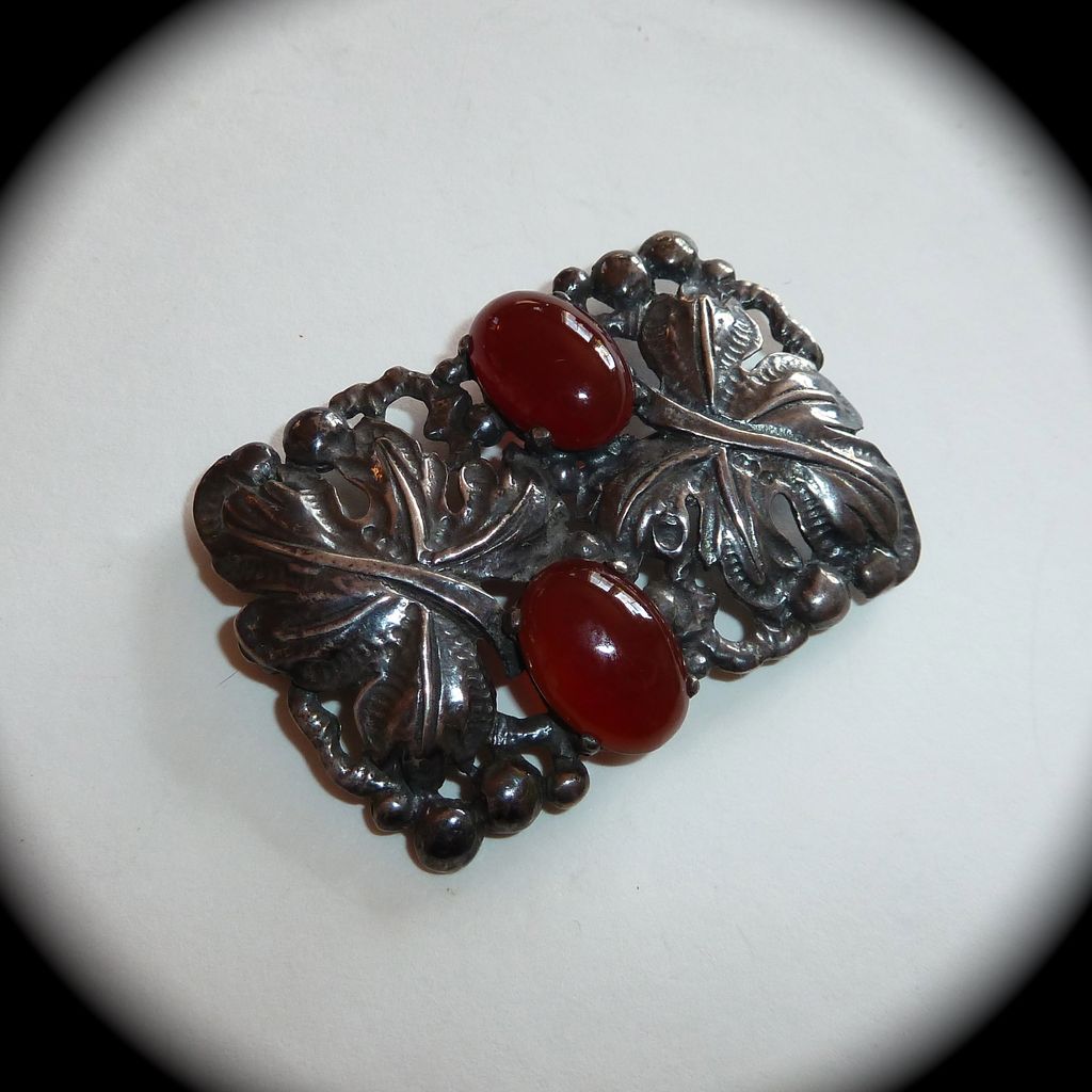 Bold Sterling Leaf Pin w Carnelian Cabochons Bold Sterling Leaf Pin w Carnelian Cabochons