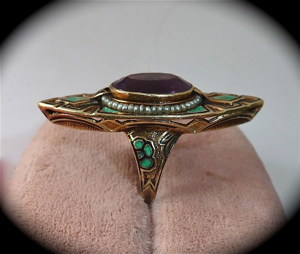 Superb Art Deco 14k Ring Amethyst Enamel Pearls Superb Art Deco 14k Ring Amethyst Enamel Pearls