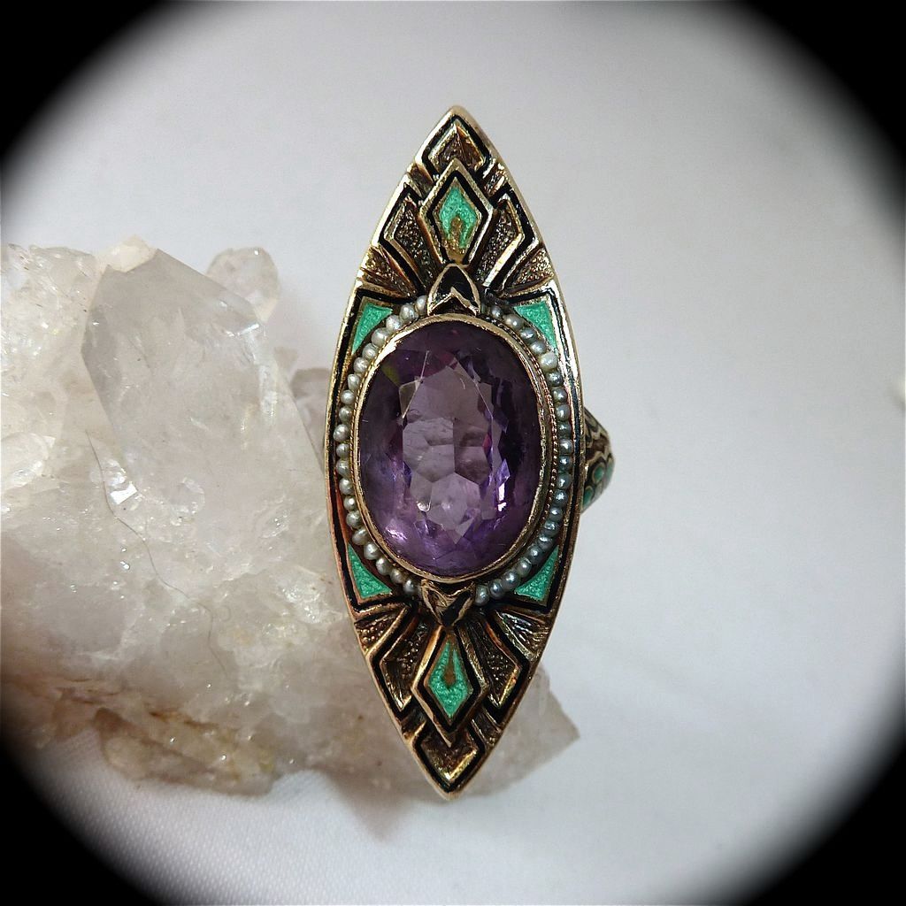 Superb Art Deco 14k Ring Amethyst Enamel Pearls Superb Art Deco 14k Ring Amethyst Enamel Pearls