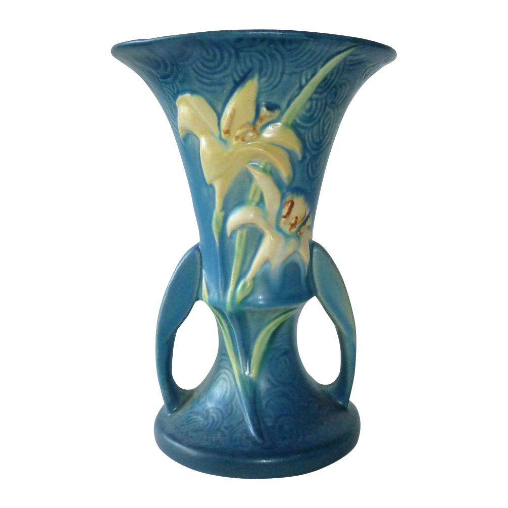 Roseville Zephyr Lily Double Handle Blue Vase from bejewelled on Ruby Lane