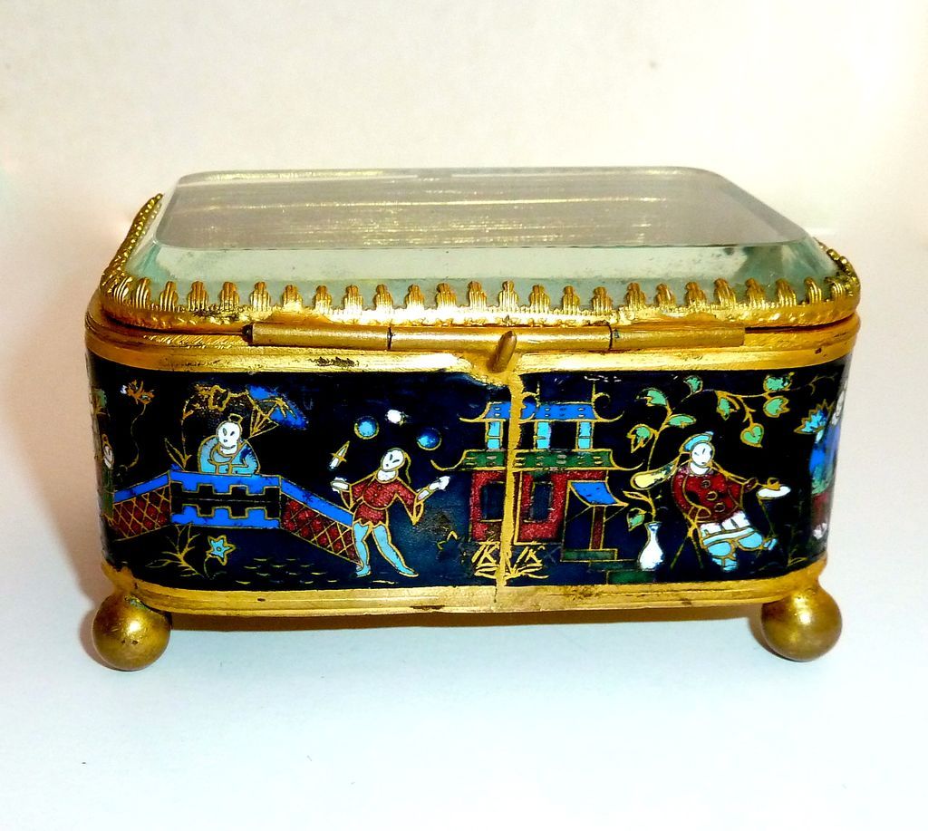 Chinese Cloisonne Hinged Box Bevel Glass Top From Bejewelled On Ruby Lane