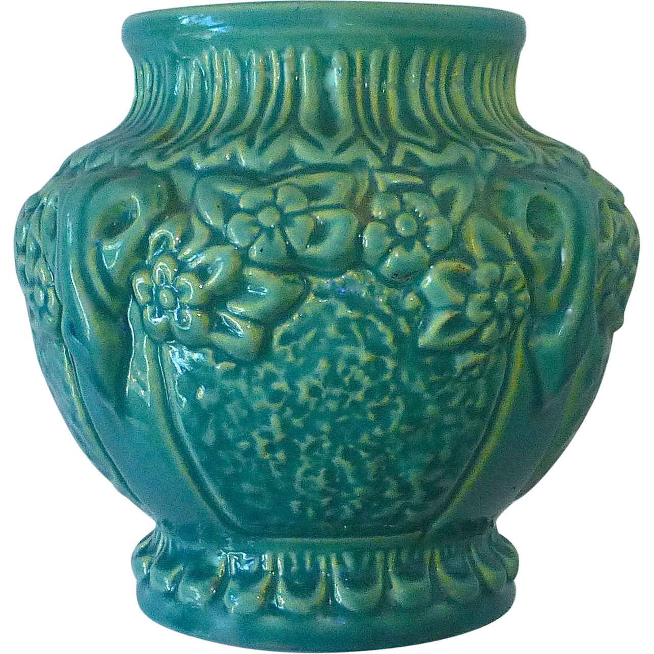 Ornate Embossed Ceramic Vase Aqua Glaze from bejewelled on Ruby Lane