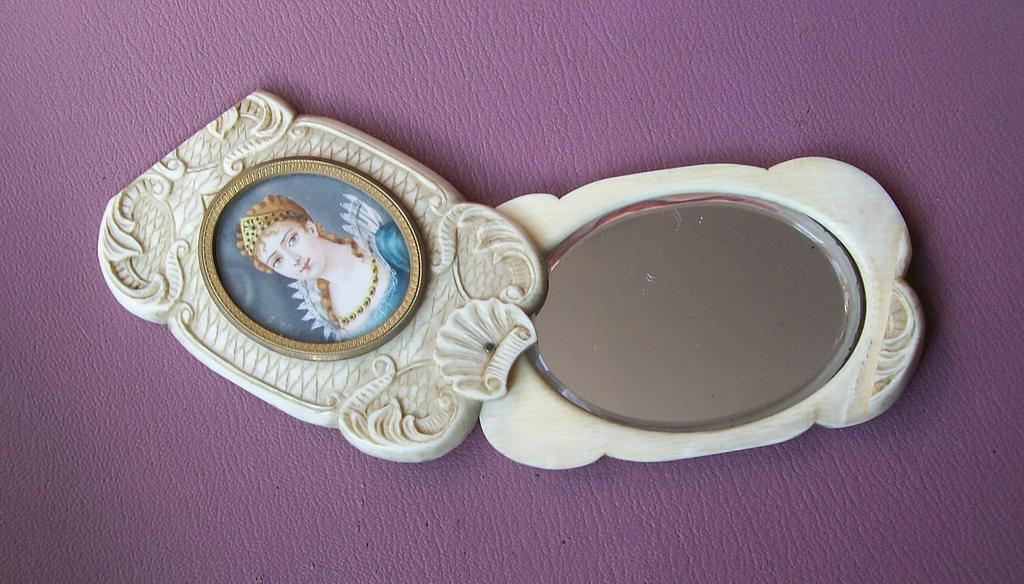 Antique Hand Carved Ivory Mirror Signed Portrait on Ivory Antique Hand Carved Ivory Mirror Signed Portrait on Ivory