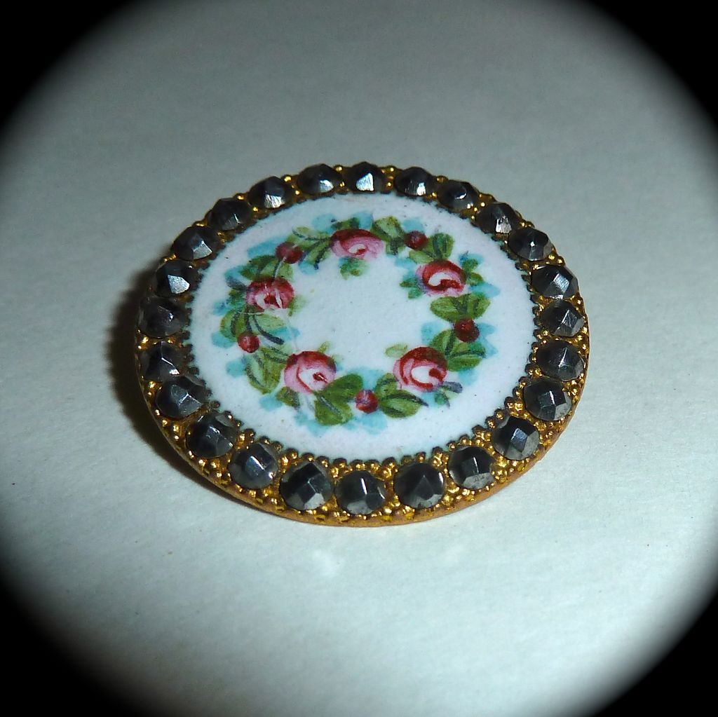Victorian Enamel Button Wreath of Roses Cut Steel Border Victorian Enamel Button Wreath of Roses Cut Steel Border