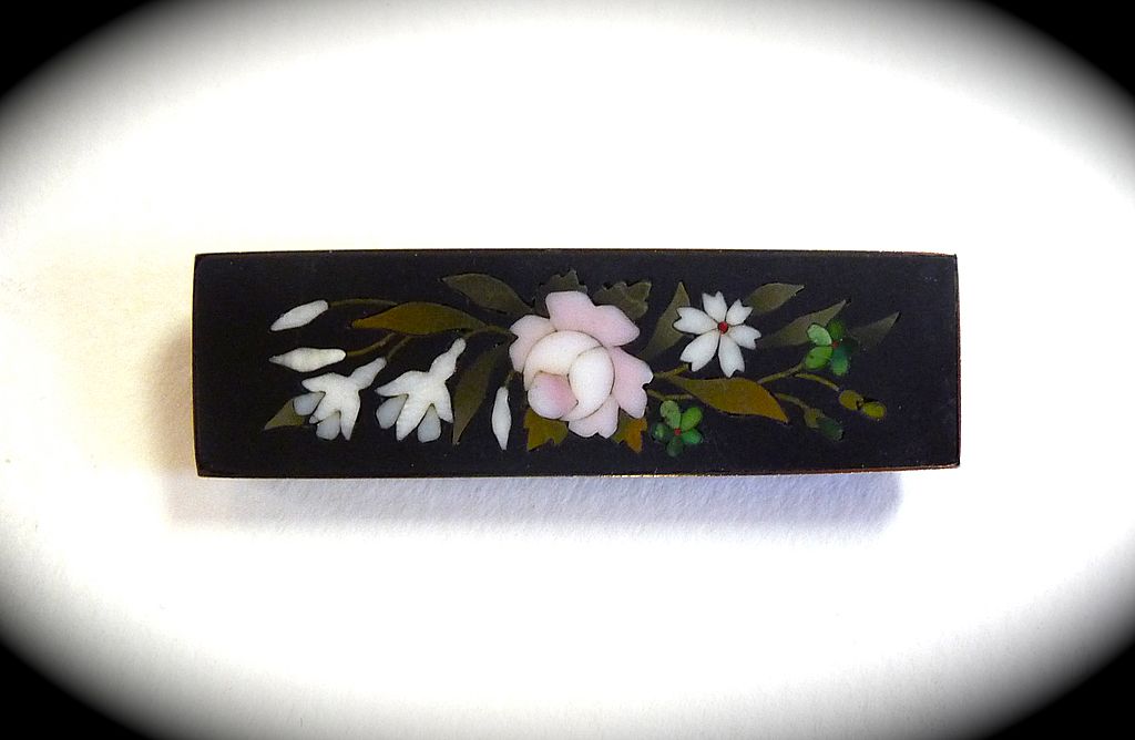 Antique 9k Italian Pietra Dura Stone Floral Mosaic Pin Antique 9k Italian Pietra Dura Stone Floral Mosaic Pin