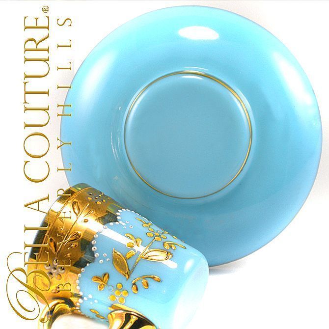 RARE Gorgeous Antique MOSER Floral Gilt Gold Enamel French Bohemian Blue Opaline Glass Miniature Tea Cup & Saucer Dish Plate (Set) RARE Gorgeous Antique MOSER Floral Gilt Gold Enamel French Bohemian Blue Opaline Glass Miniature Tea Cup & Saucer Dish Plate (Set)