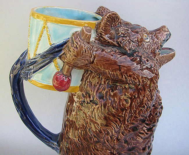 English Majolica Bear with Drum Figural Pitcher - Holdcroft - Largest Size - Mint Condition English Majolica Bear with Drum Figural Pitcher - Holdcroft - Largest Size - Mint Condition