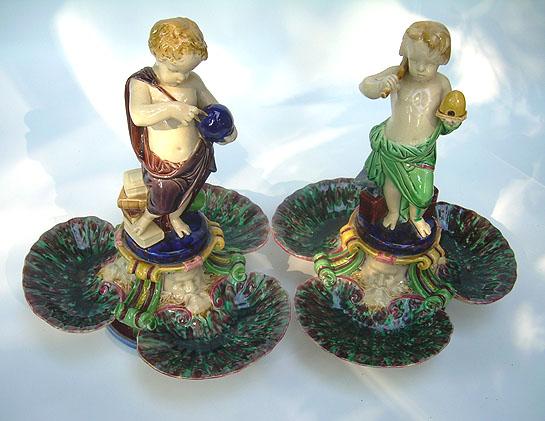 Minton Majolica Bonbon Dishes with Putti SCIENCE & INDUSTRY designed by Hughes Protat - Date Code for 1864 Minton Majolica Bonbon Dishes with Putti SCIENCE & INDUSTRY designed by Hughes Protat - Date Code for 1864