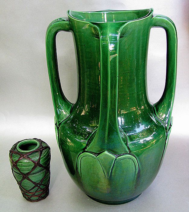 Tiny Awaji Vase c1910 - Emerald Green - Wicker Weave Overlay Tiny Awaji Vase c1910 - Emerald Green - Wicker Weave Overlay