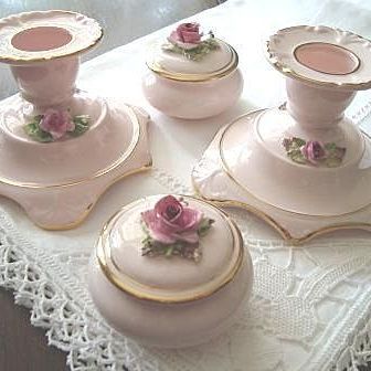 5 Piece Adderley China Vanity Set Porcelain Rose Decorated 5 Piece Adderley China Vanity Set Porcelain Rose Decorated
