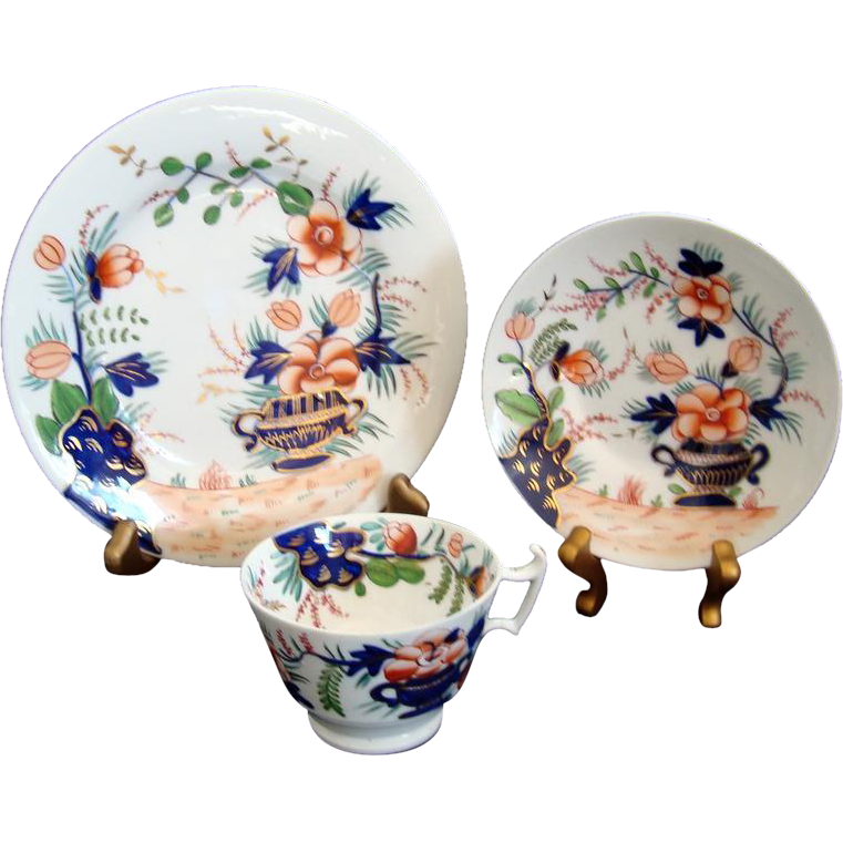 c1820 Georgian Regency Cup Saucer and Plate Trio - Imari Palette - Hand Painted c1820 Georgian Regency Cup Saucer and Plate Trio - Imari Palette - Hand Painted