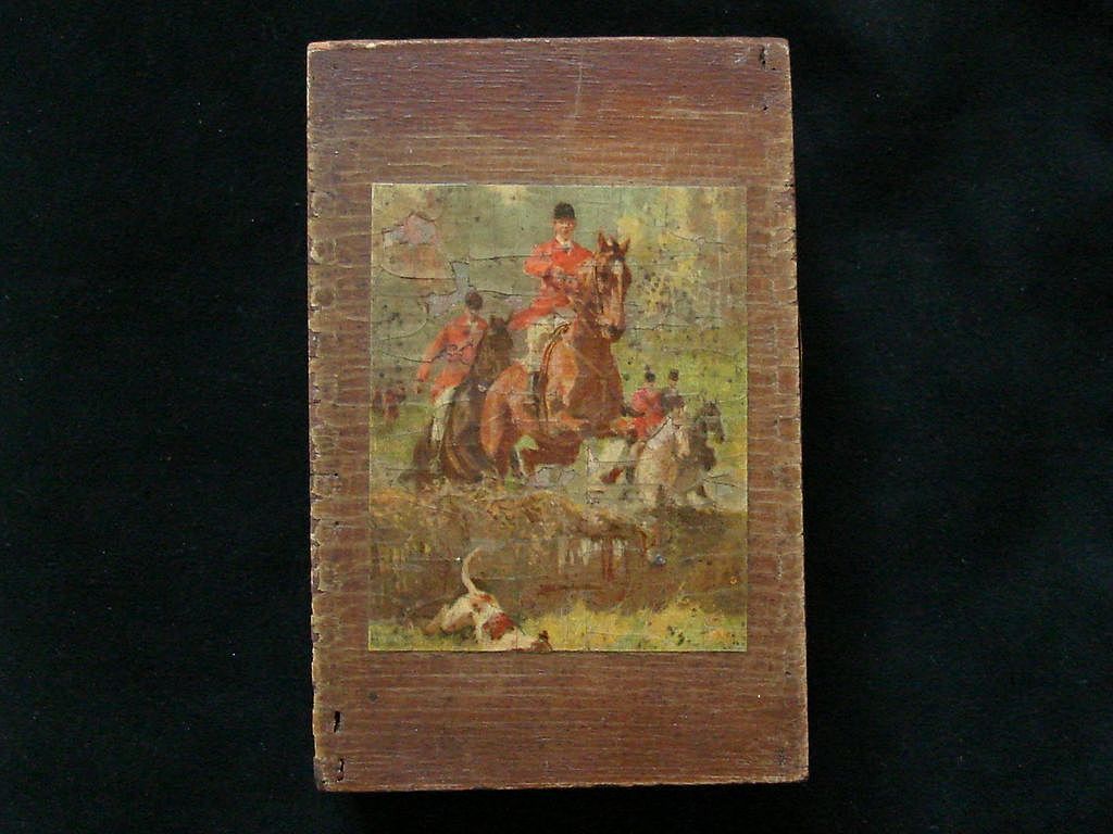 Antique Match Box Equestrian Fox Hunt Handmade Wood Folk Art Antique Match Box Equestrian Fox Hunt Handmade Wood Folk Art