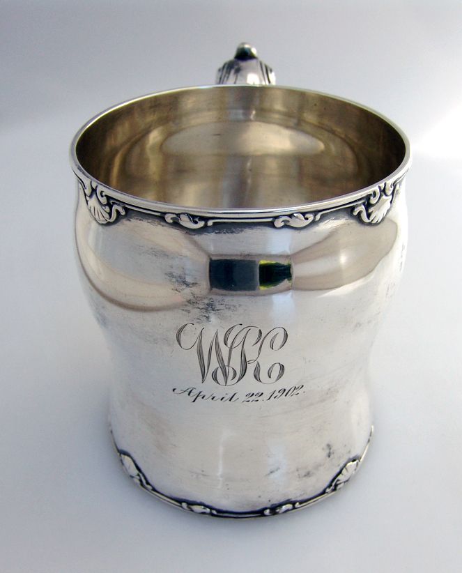 Shell Scroll Cup Mug Whiting 1902 Large Sterling Silver Monogram WK 1902 Shell Scroll Cup Mug Whiting 1902 Large Sterling Silver Monogram WK 1902