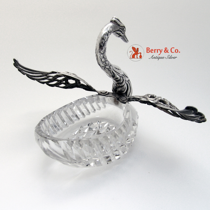 Figural Swan Large Serving Bowl Sterling Silver Crystal 1950 Movable Wings Figural Swan Large Serving Bowl Sterling Silver Crystal 1950 Movable Wings