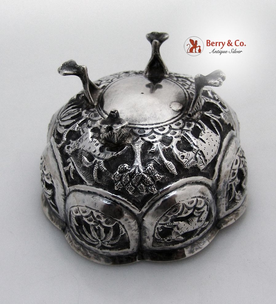 Indian Paneled Repousse Bowl Elephant Tigers Deer Palm Trees Native Huts 900 Standard SIlver 1900 Indian Paneled Repousse Bowl Elephant Tigers Deer Palm Trees Native Huts 900 Standard SIlver 1900