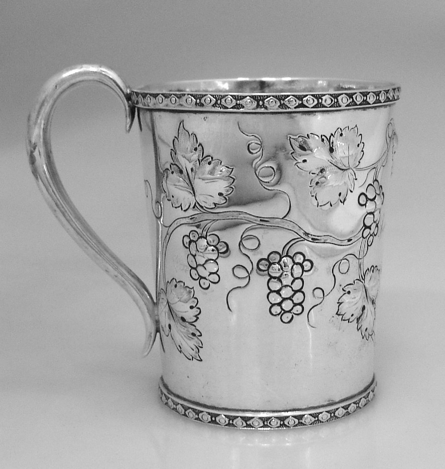 Coin Silver Cup Repousse Grapevines 1855 Fessenden Coin Silver Cup Repousse Grapevines 1855 Fessenden