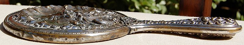 Wonderful Victorian Silverplate Heavy Repousse Cupid Nautical Dresser Mirror Wonderful Victorian Silverplate Heavy Repousse Cupid Nautical Dresser Mirror