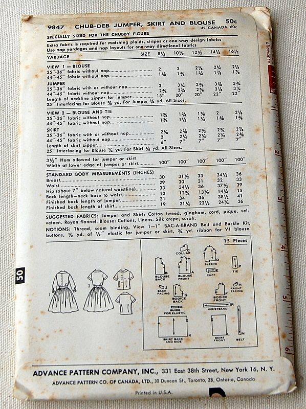 Vintage Chub-Deb Advance Jumpier, Skirt & Blouse Pattern Size 10 1/2 Vintage Chub-Deb Advance Jumpier, Skirt & Blouse Pattern Size 10 1/2