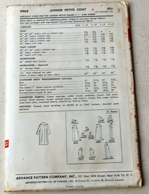 Vintage Advance Junior Petite Coat Pattern Size 5 Vintage Advance Junior Petite Coat Pattern Size 5