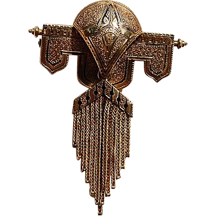 Antique Victorian 14K Gold Taille D'Epergne Shield Motif Brooch With Foxtail Tassel Antique Victorian 14K Gold Taille D'Epergne Shield Motif Brooch With Foxtail Tassel
