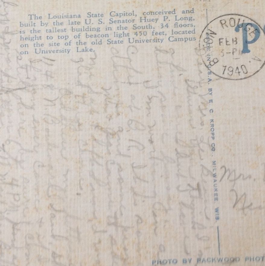 Vintage 1940 Louisiana State Capital Huey P. Long Post Card Vintage 1940 Louisiana State Capital Huey P. Long Post Card