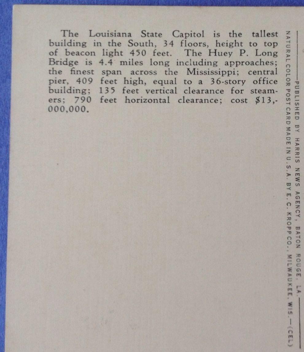 Vintage 1940's Louisiana State Capital Huey P Long Bridge Post Card Vintage 1940's Louisiana State Capital Huey P Long Bridge Post Card