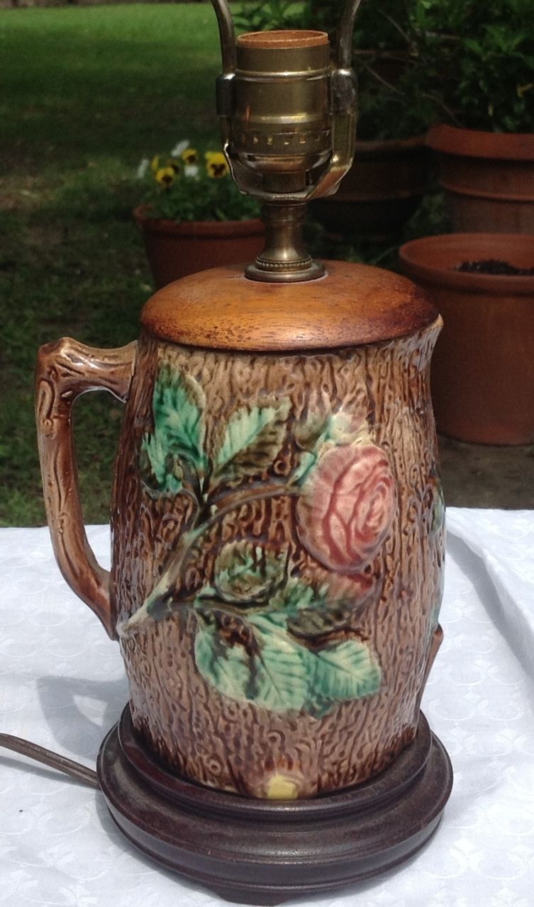 Antique English Wild Rose Majolica Pitcher Lamp Antique English Wild Rose Majolica Pitcher Lamp