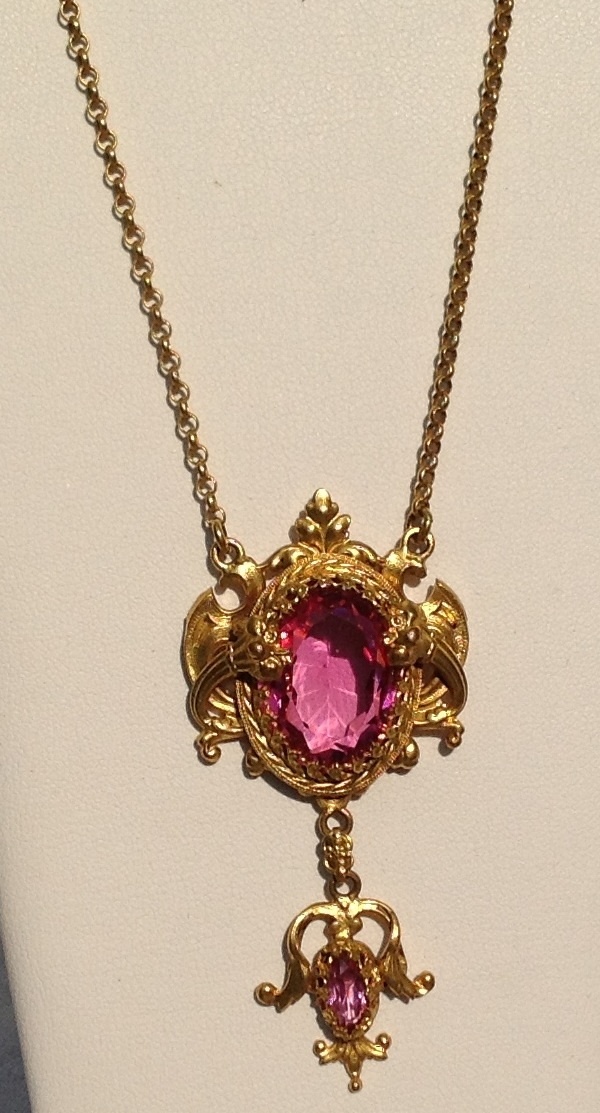 Art Deco Gold Tone Metal Faceted Pink Tourmaline Rhinestone Necklace Art Deco Gold Tone Metal Faceted Pink Tourmaline Rhinestone Necklace