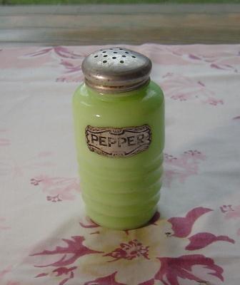 Jeannette: Jadite Pepper Shaker with Original Paper Label Jeannette: Jadite Pepper Shaker with Original Paper Label