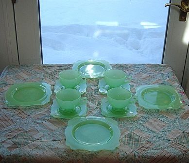 New Martinsville: Fancy Square Jadite Dessert Set - 12 Pieces New Martinsville: Fancy Square Jadite Dessert Set - 12 Pieces