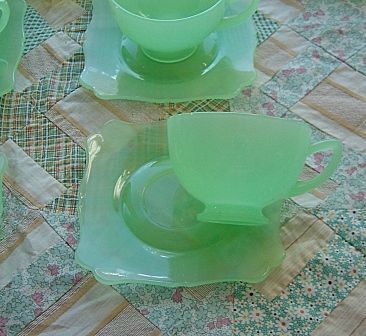 New Martinsville: Fancy Square Jadite Dessert Set - 12 Pieces New Martinsville: Fancy Square Jadite Dessert Set - 12 Pieces