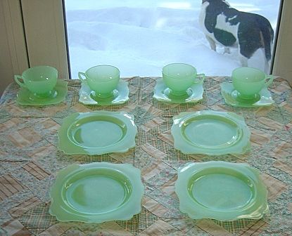 New Martinsville: Fancy Square Jadite Dessert Set - 12 Pieces New Martinsville: Fancy Square Jadite Dessert Set - 12 Pieces