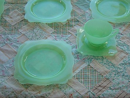 New Martinsville: Fancy Square Jadite Dessert Set - 12 Pieces New Martinsville: Fancy Square Jadite Dessert Set - 12 Pieces
