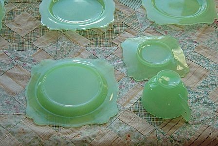 New Martinsville: Fancy Square Jadite Dessert Set - 12 Pieces New Martinsville: Fancy Square Jadite Dessert Set - 12 Pieces
