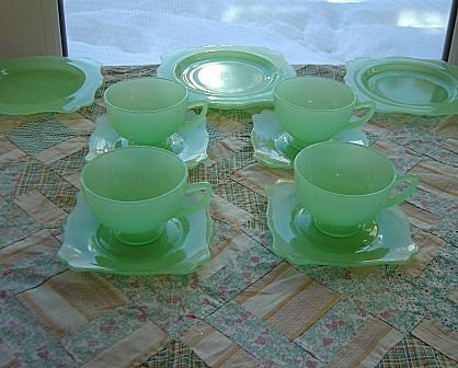 New Martinsville: Fancy Square Jadite Dessert Set - 12 Pieces New Martinsville: Fancy Square Jadite Dessert Set - 12 Pieces