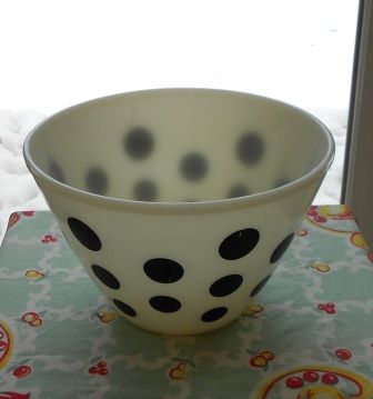 Fire King: Black Dot Splash Proof Mixing Bowl - 9 1/2" Fire King: Black Dot Splash Proof Mixing Bowl - 9 1/2"