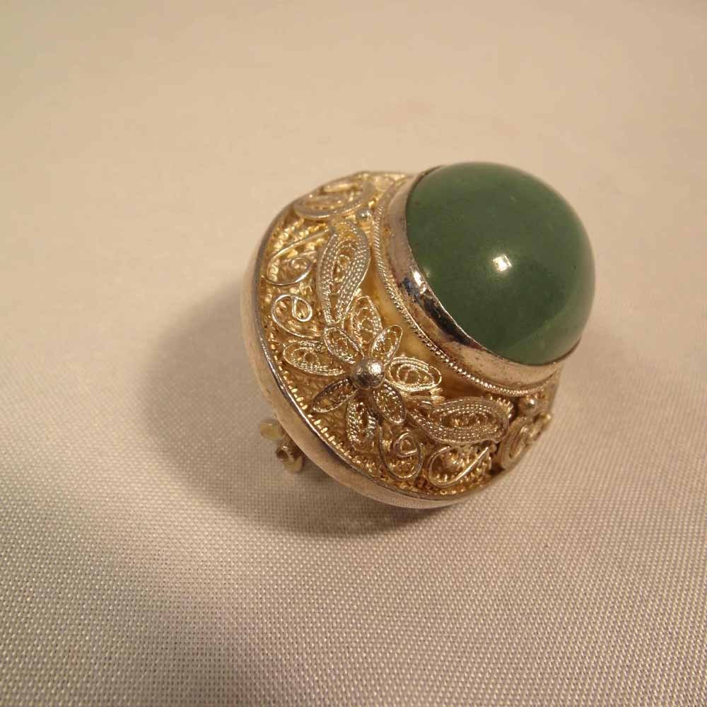 Silver Filigree Brooch with Large Jade Cabochon Silver Filigree Brooch with Large Jade Cabochon