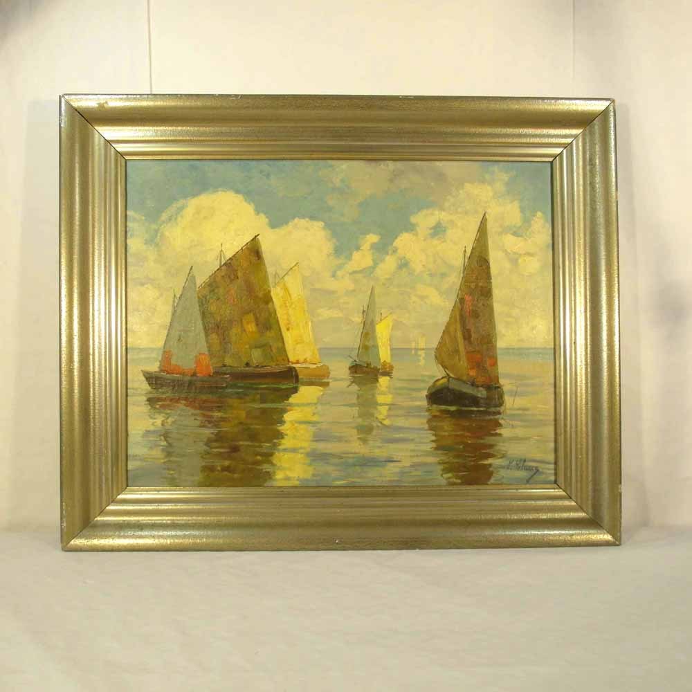 Marine Landscape Oil Painting Artist Signed Marine Landscape Oil Painting Artist Signed