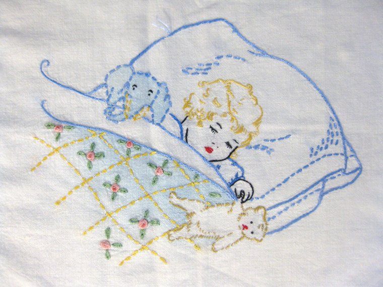 Vintage Hand Embroidered & Colored Baby Crib Coverlet & Pillow Cover Vintage Hand Embroidered & Colored Baby Crib Coverlet & Pillow Cover