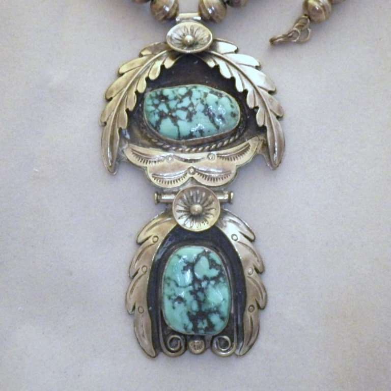 Vintage Signed Navajo Sterling Silver Turquoise Pendant Necklace from