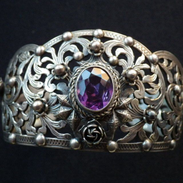 Antique Signed 800 Silver & Amethyst Cuff Bracelet Antique Signed 800 Silver & Amethyst Cuff Bracelet