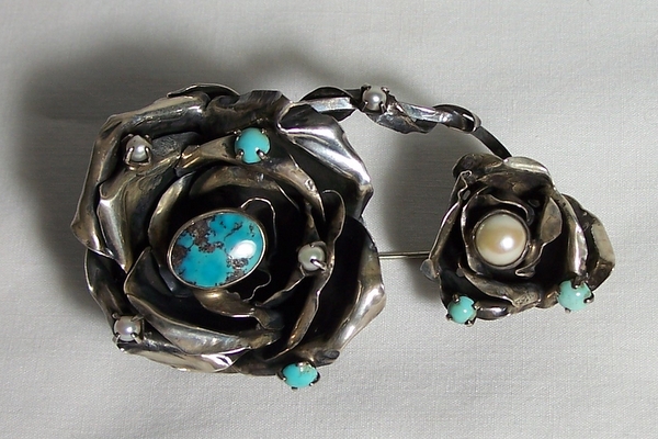 Brooch Turquoise & Pearls Israel Sterling Silver Brooch Turquoise & Pearls Israel Sterling Silver