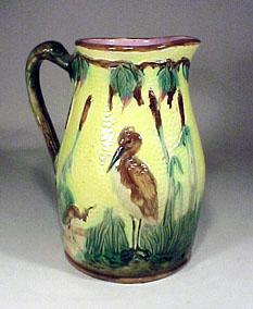 Majolica Pottery Pitcher Yellow Birds Cranes Majolica Pottery Pitcher Yellow Birds Cranes