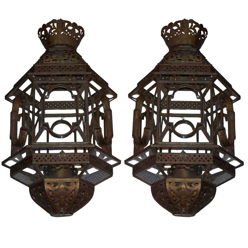 Cut Work Brass And Glass Lanterns Pair Cut Work Brass And Glass Lanterns Pair