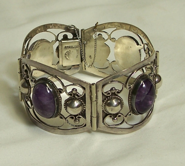 Wide Amethyst & Sterling Bracelet Old Taxco Wide Amethyst & Sterling Bracelet Old Taxco