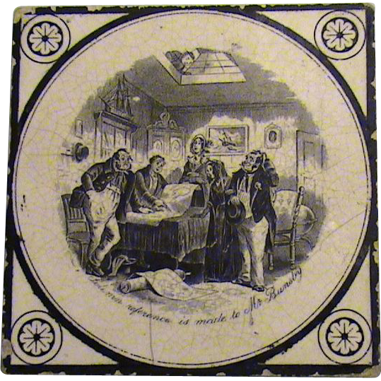 19th. Century English Tea Tile- Charles Dickens Scene 19th. Century English Tea Tile- Charles Dickens Scene