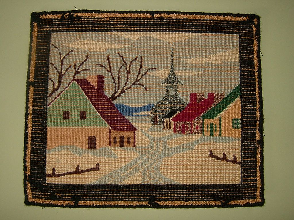 Hand Hooked Quebec Rug Village Scene Circa 1900 Hand Hooked Quebec Rug Village Scene Circa 1900
