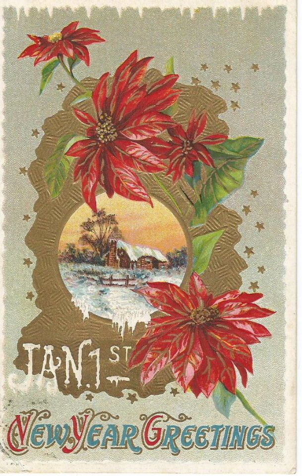 Embossed New Years Post Card Pointsettas Embossed New Years Post Card Pointsettas