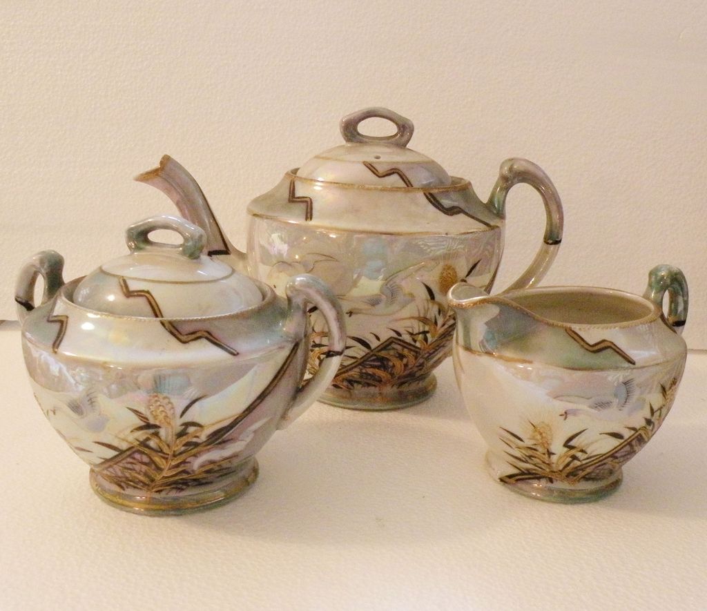 JAPANESE Iridescent Painted Five Piece Tea Pot Set JAPANESE Iridescent Painted Five Piece Tea Pot Set